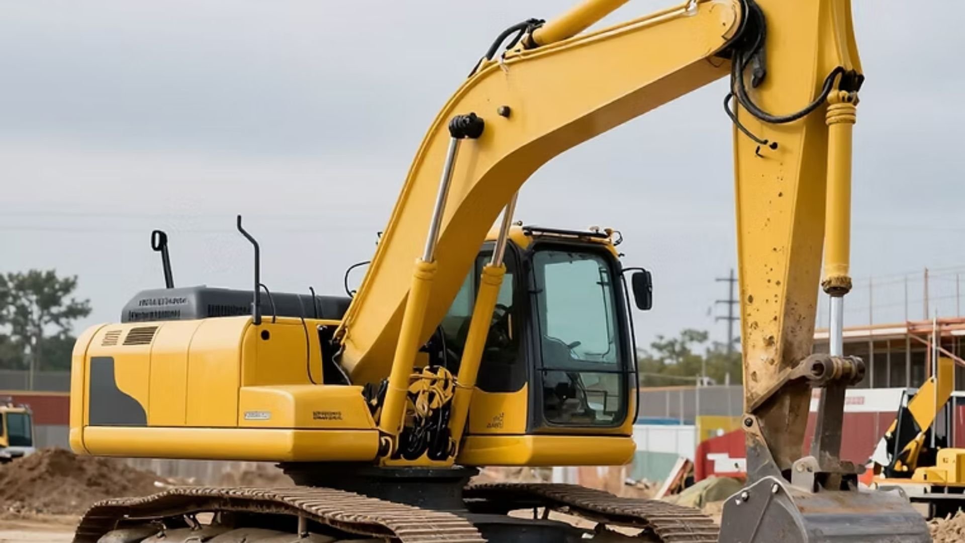 Yellow excavator on tracks at construction site with boom and bucket extended