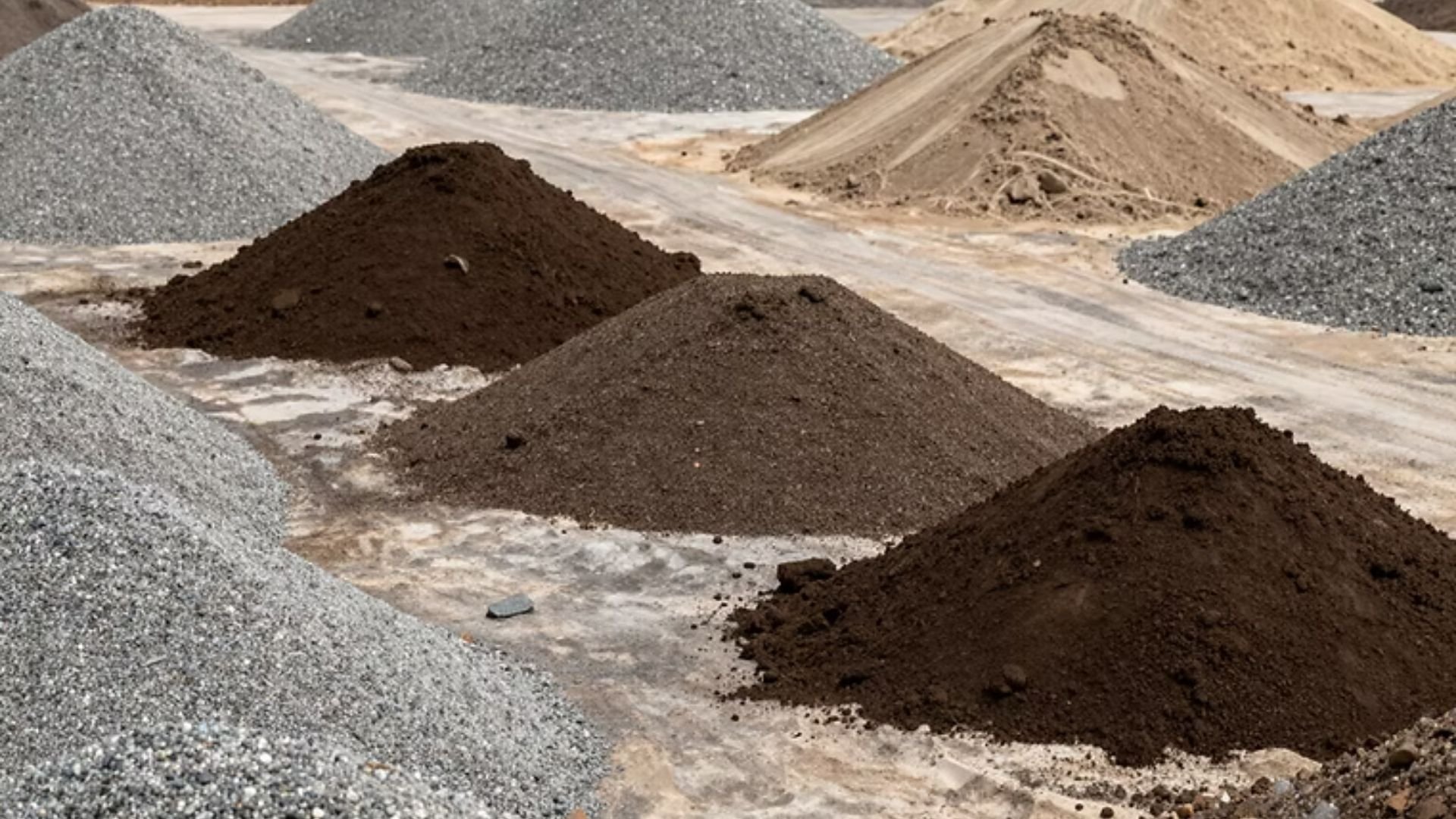 Construction material stockpile with piles of gravel, sand, and dark soil at quarry site.