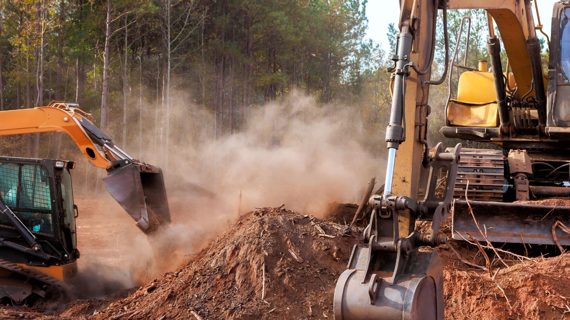 Heavy excavators operate in dusty forest clearing, moving soil and debris with machinery.